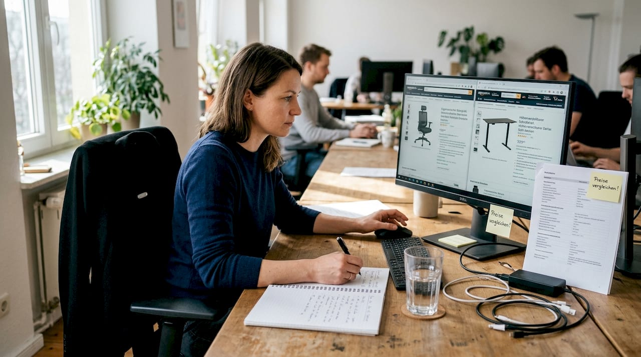 Eine Frau sitzt am Schreibtisch und vergleicht verschiedene Produkte auf Amazon.