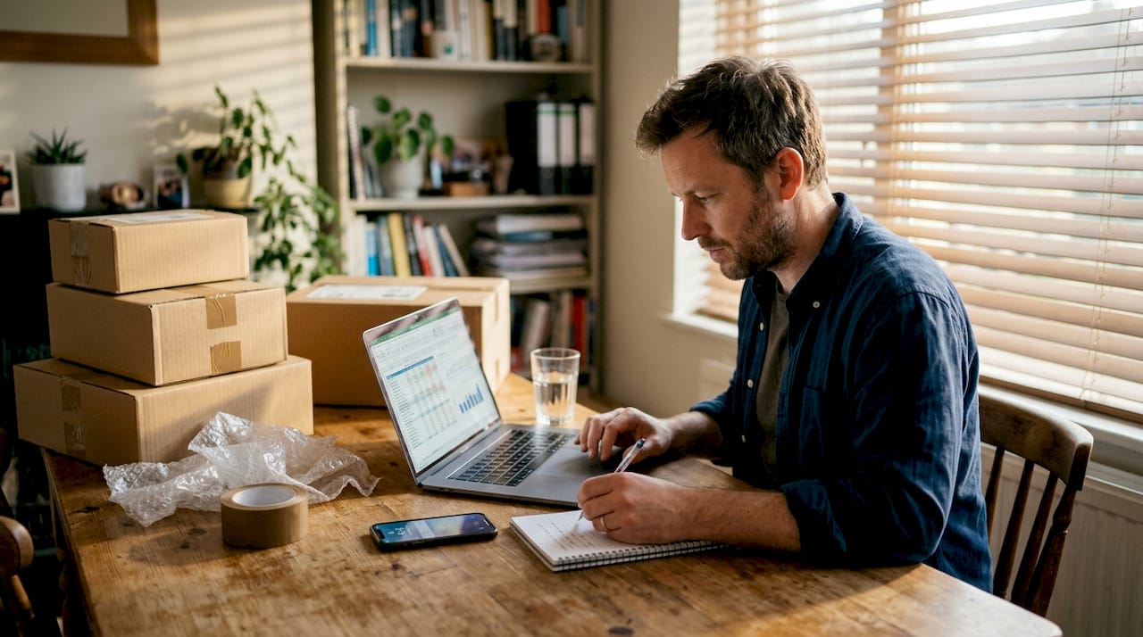 Ein Mann betreibt von zuhause aus einen eigenen Amazon-Shop und verkauft Produkte über FBA.