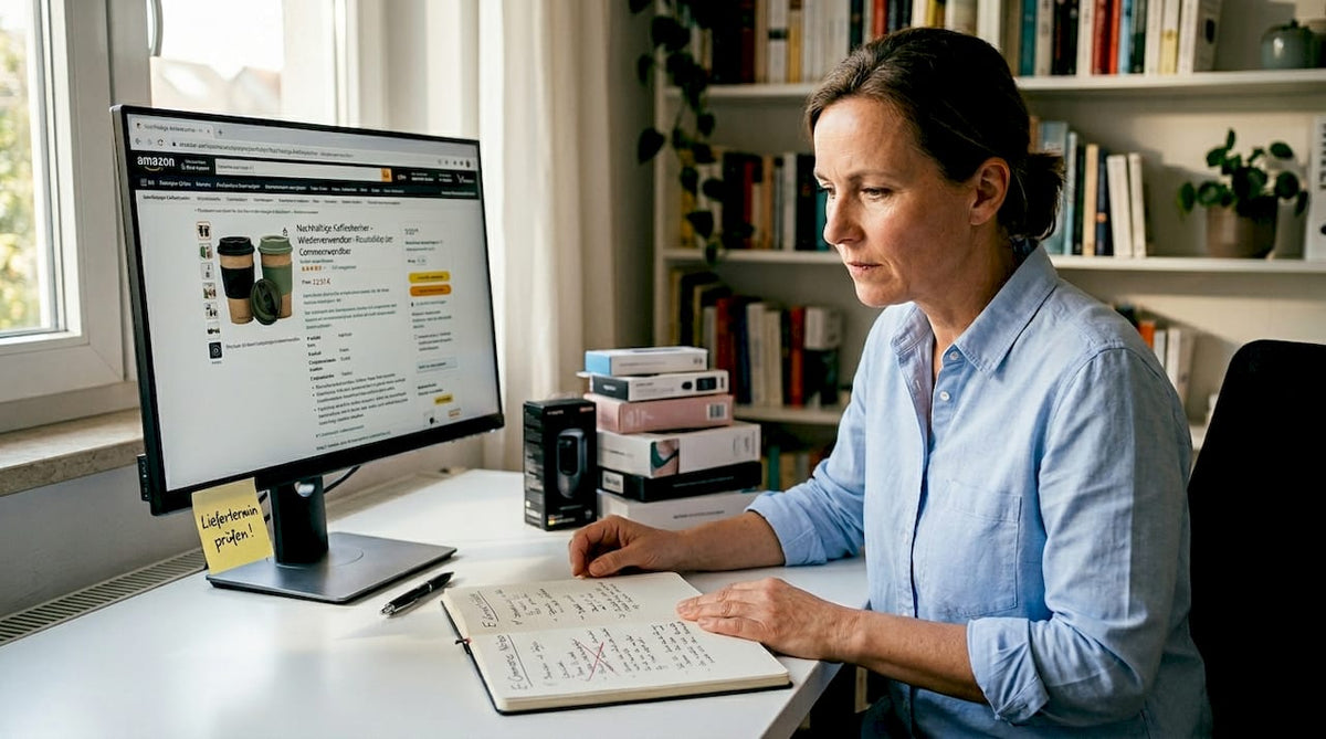 Ein E-Commerce-Manager prüft die Produktseite auf Amazon, um sicherzustellen, dass alle Angaben korrekt und ansprechend präsentiert sind.