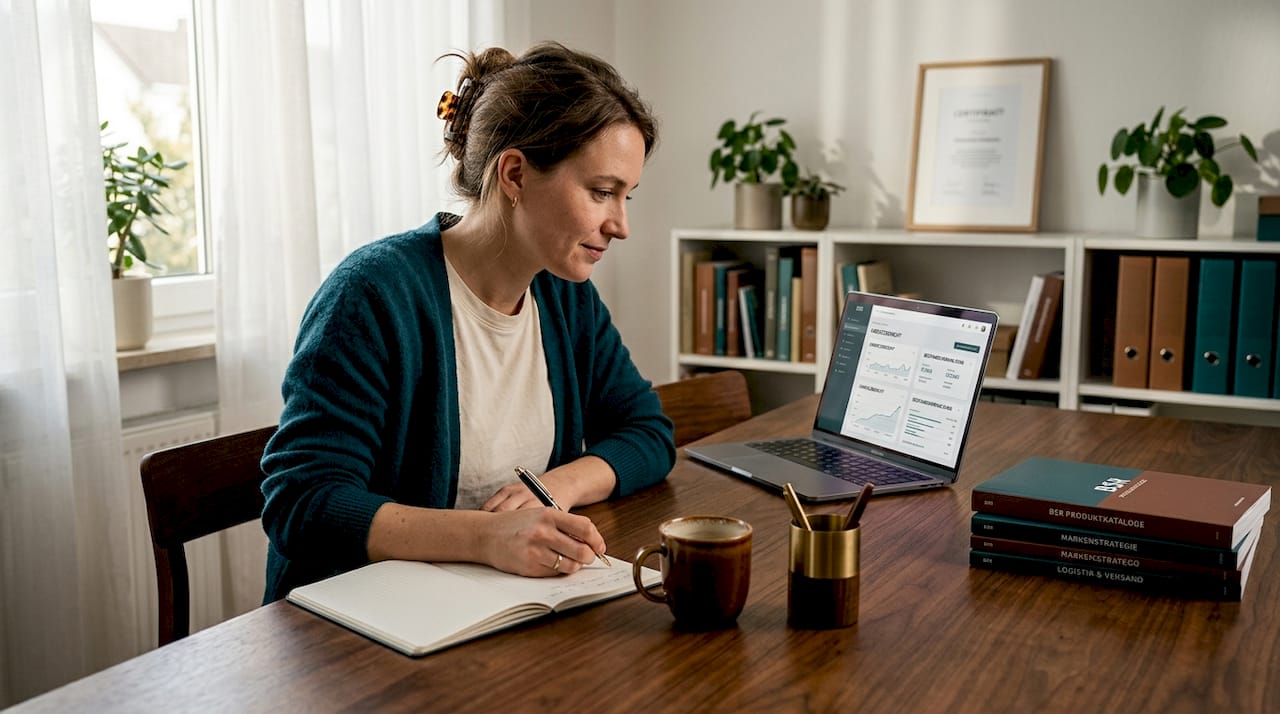 Im heimischen Arbeitszimmer vertieft sich eine Frau in ihre Aufgaben am Laptop.