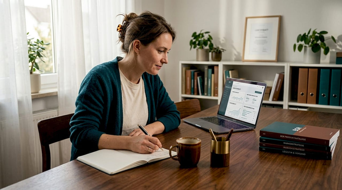 Im heimischen Arbeitszimmer vertieft sich eine Frau in ihre Aufgaben am Laptop.