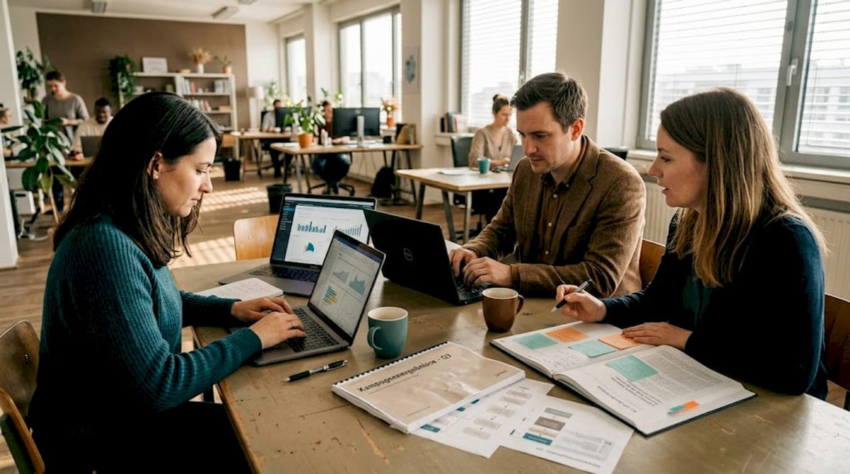 Ein Team sitzt gemeinsam am Tisch und wertet Marketingdaten aus.
