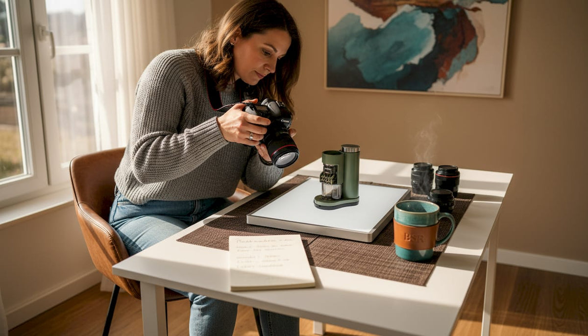 In ihrem hellen Homeoffice setzt eine Frau ein Produkt gekonnt in Szene und fotografiert es mit viel Liebe zum Detail.
