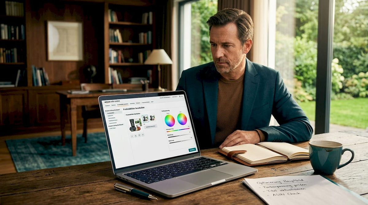 Ein Unternehmer sitzt zuhause am Computer und überarbeitet gerade sein Amazon-Angebot.
