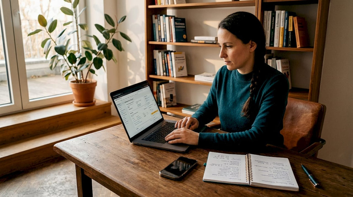 Eine Frau überprüft am Laptop, wie sie ihre Amazon-Produktseite optimal gestalten kann.