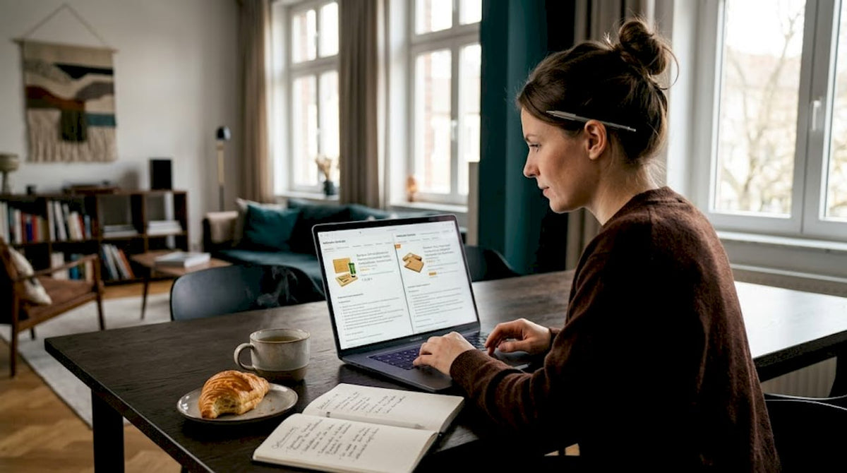 Eine Frau stöbert am Laptop durch verschiedene Amazon-Angebote und vergleicht die Produkte miteinander.