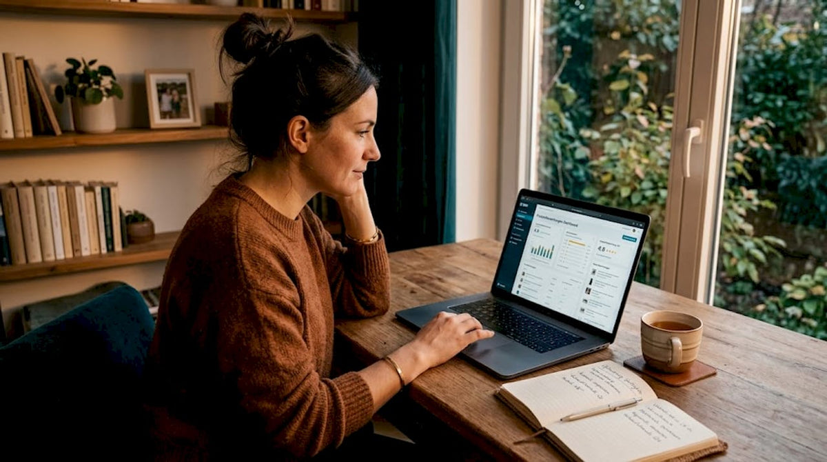 Eine E-Commerce-Expertin analysiert am Arbeitsplatz die Kundenbewertungen zu verschiedenen Produkten.