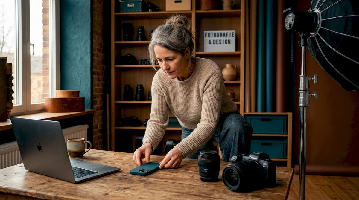 Eine Fotografin bei der Arbeit im Studio – sie setzt Produkte gekonnt in Szene und sorgt mit professioneller Beleuchtung und kreativem Blick für perfekte Aufnahmen.