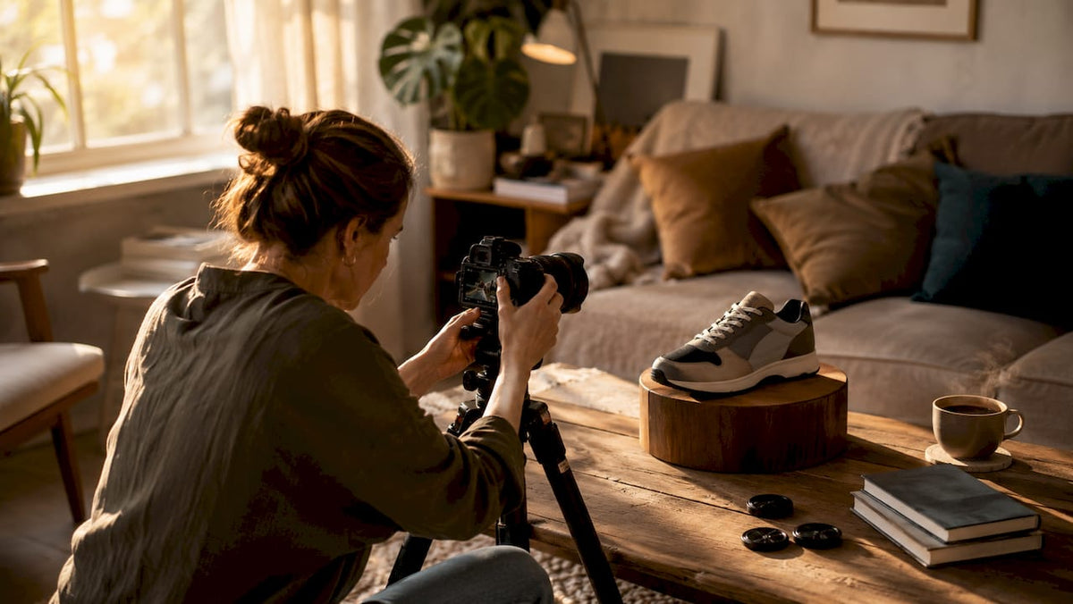 Im Studio setzt eine Fotografin ein Produkt gekonnt in Szene.