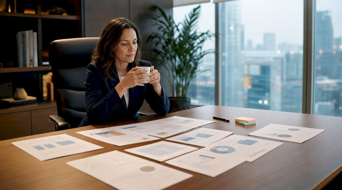 Eine Business-Analystin wertet im Besprechungsraum aktuelle Marktanalysen aus.