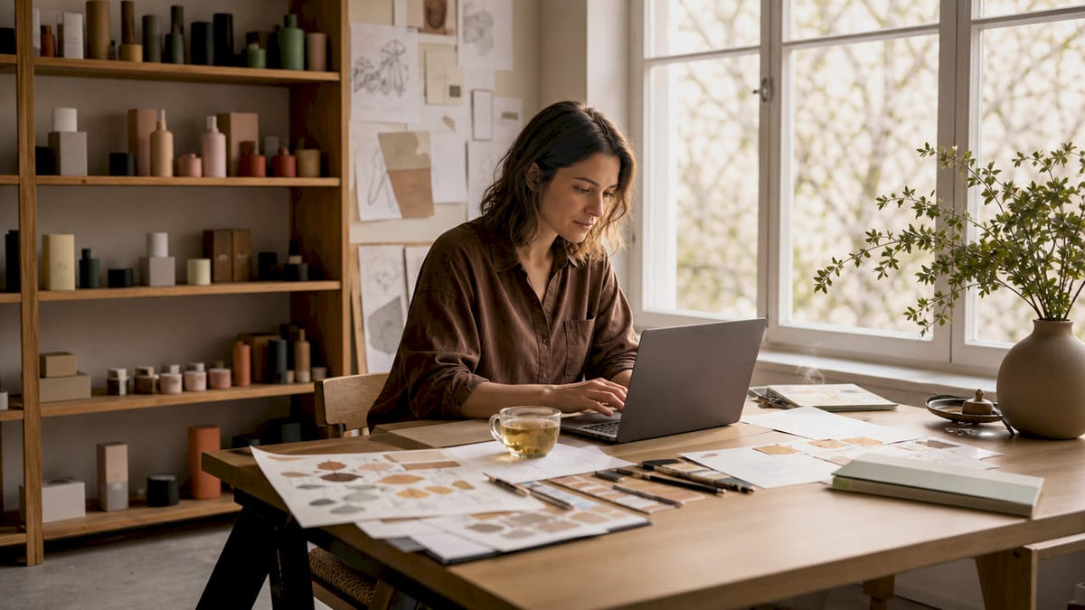 Eine Frau richtet gerade ihren Workflow für die Produktfotografie ein.