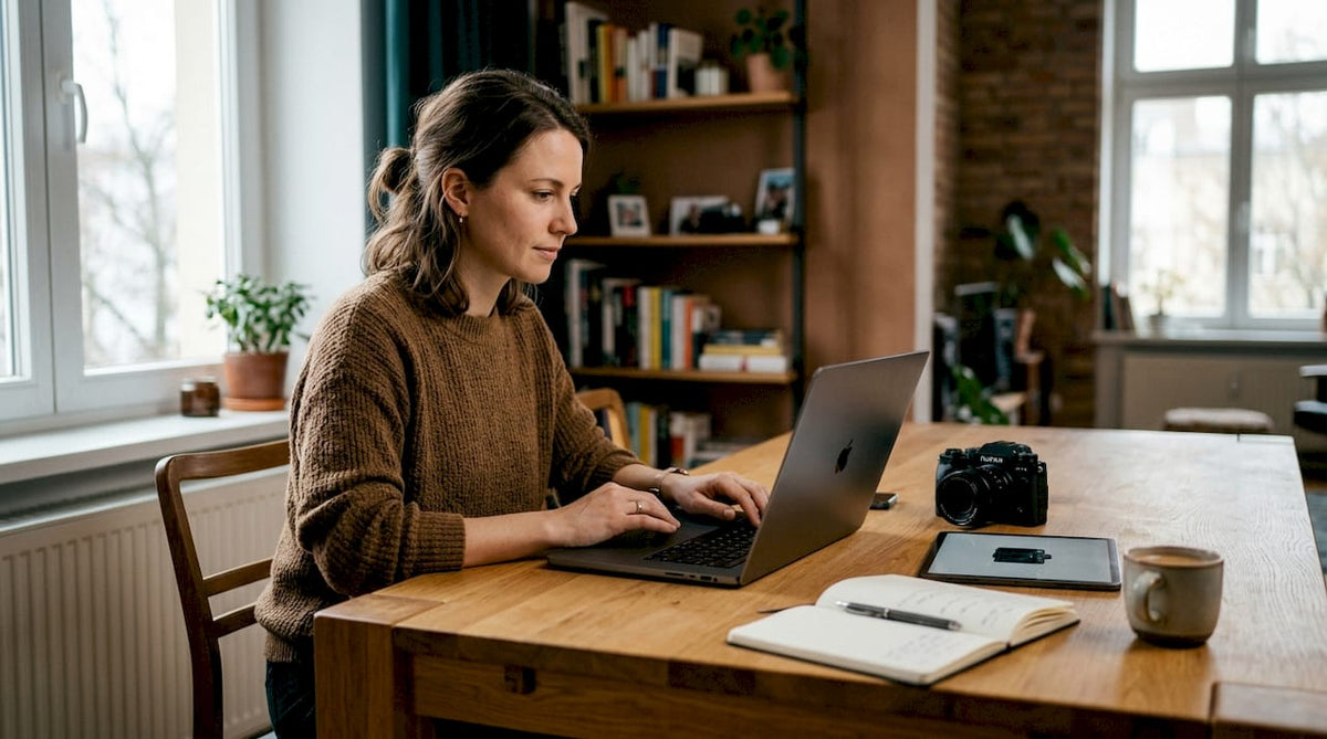 Eine Frau sitzt am Schreibtisch und bearbeitet Produktbilder für ihren Shopify-Shop.