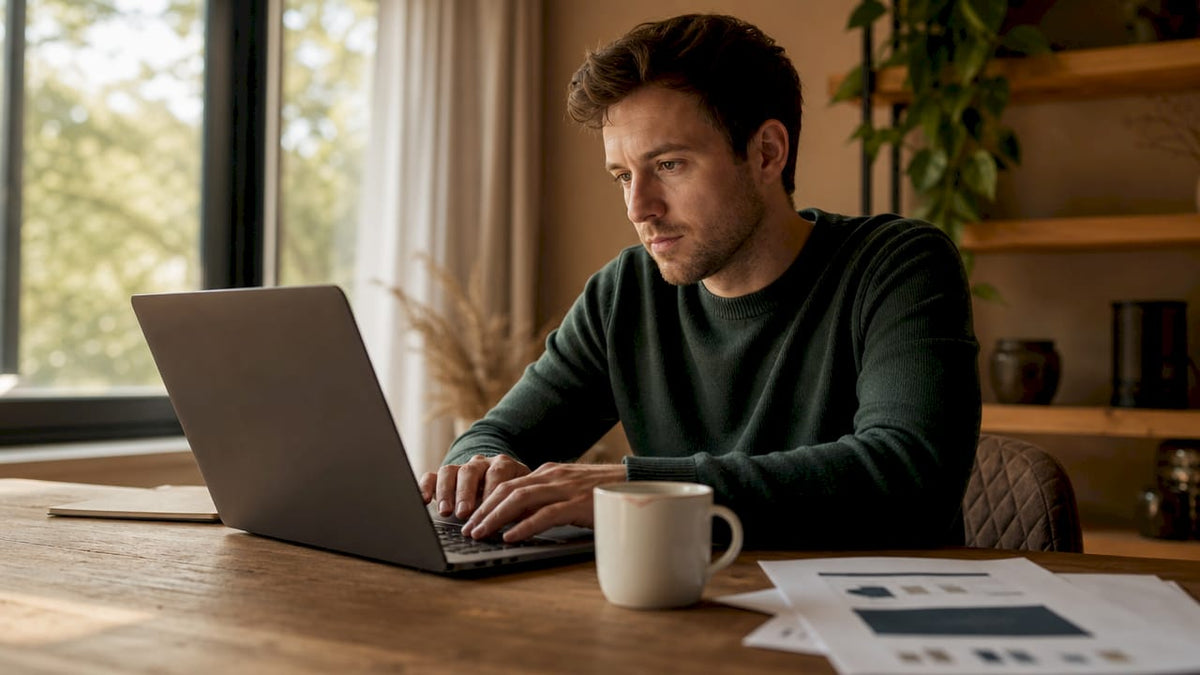 Ein Händler passt am Laptop den Produkttitel für sein Amazon-Angebot an, um die Sichtbarkeit und Attraktivität zu erhöhen.
