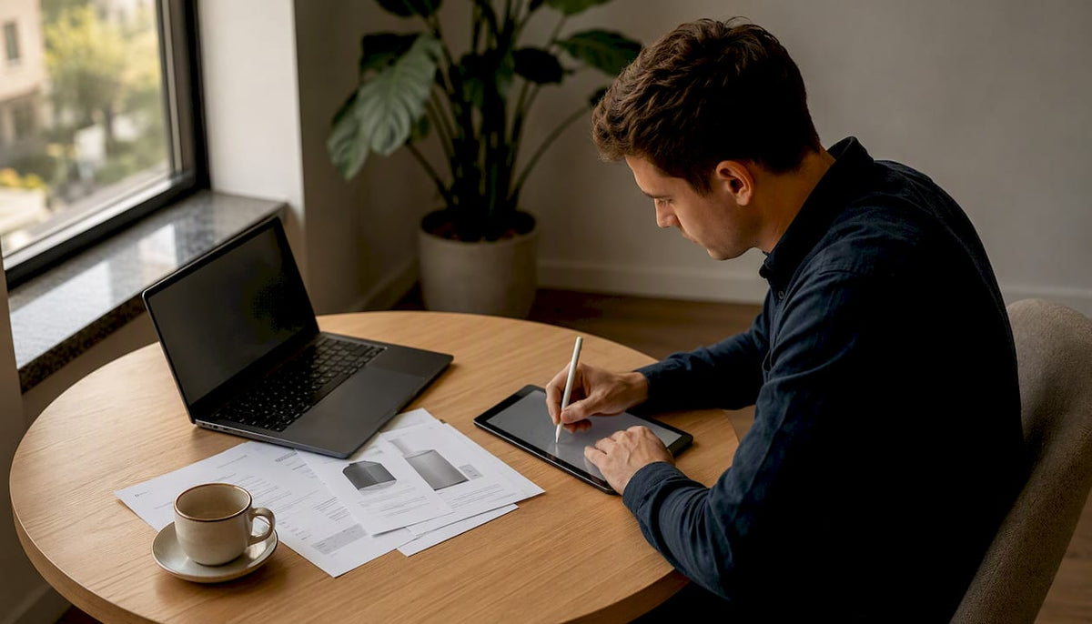 Ein Mann sitzt vertieft am Laptop und arbeitet an einer Produktbeschreibung.