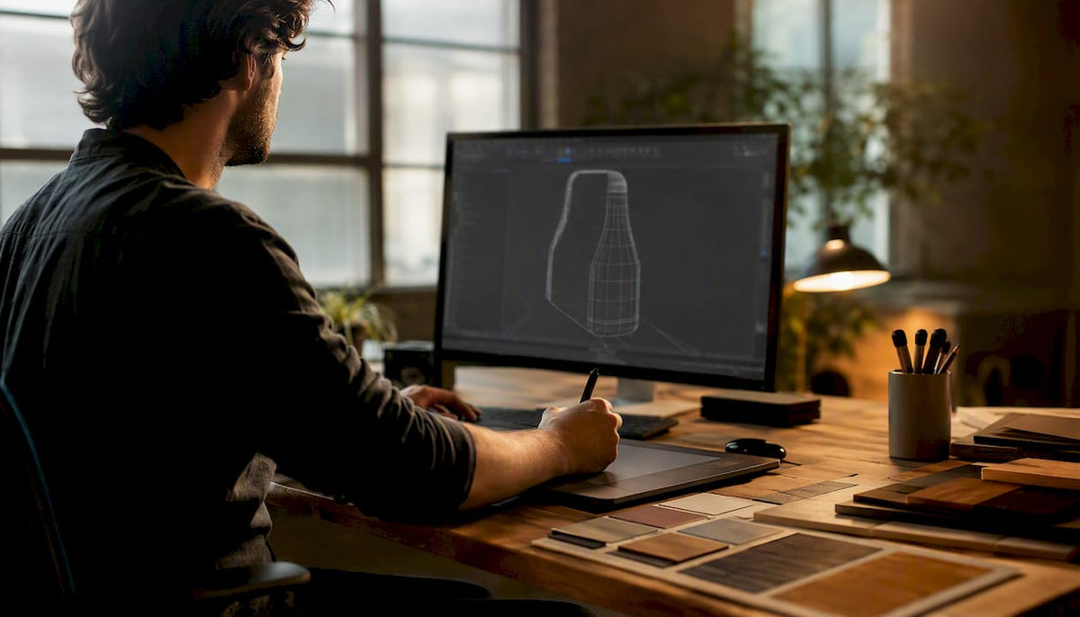 Ein 3D-Künstler optimiert das Produktmodell am Bildschirm.