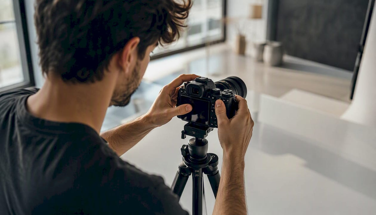 Ein Fotograf richtet seine Kamera im Studio für Produktaufnahmen aus.