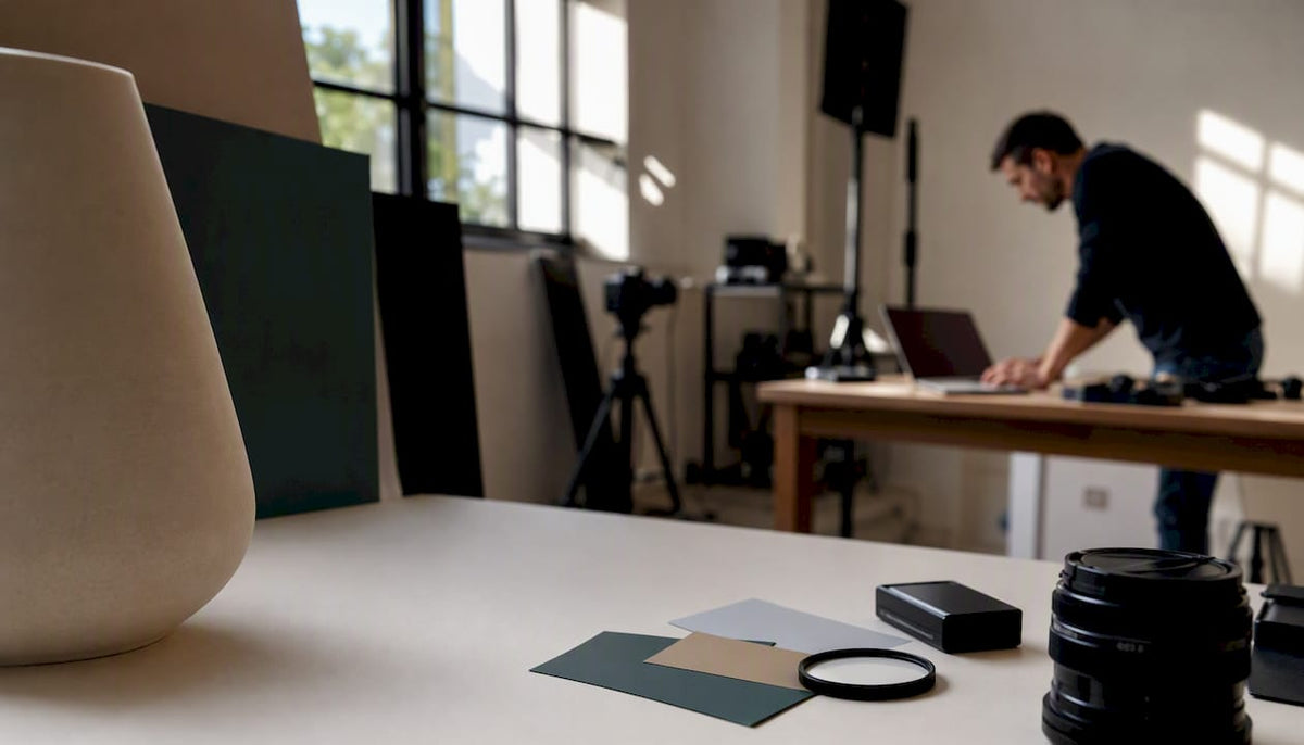 Studio-Tisch mit professionellem Setup für Produktfotos